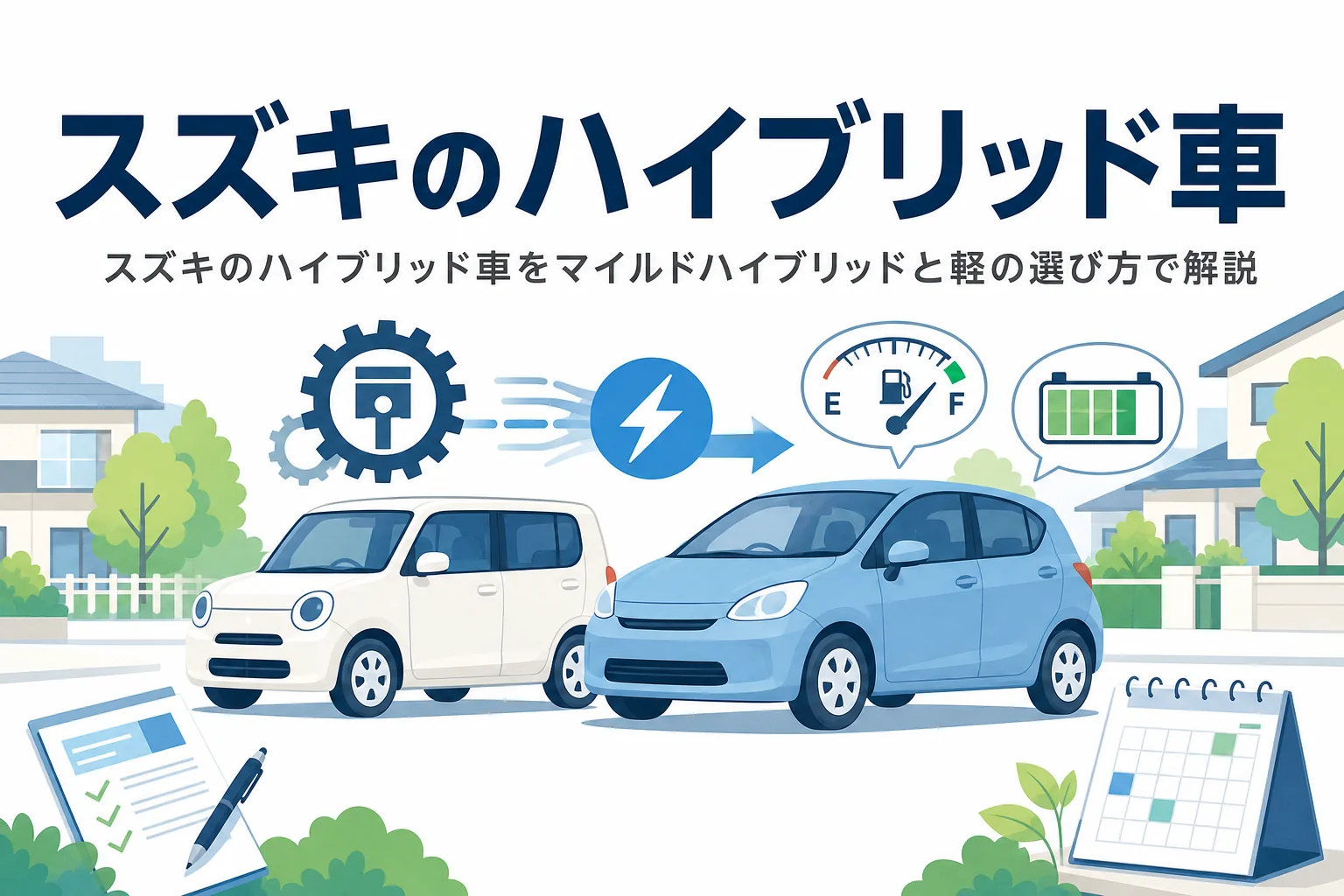 軽自動車とコンパクトカーのイラストと、スズキのハイブリッド車の仕組みと選び方を紹介する記事タイトル