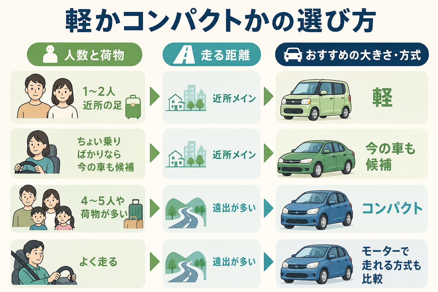 スズキのハイブリッド車を軽とコンパクトのどちらにするか、人数・荷物・走る距離で選ぶ判断表の図解