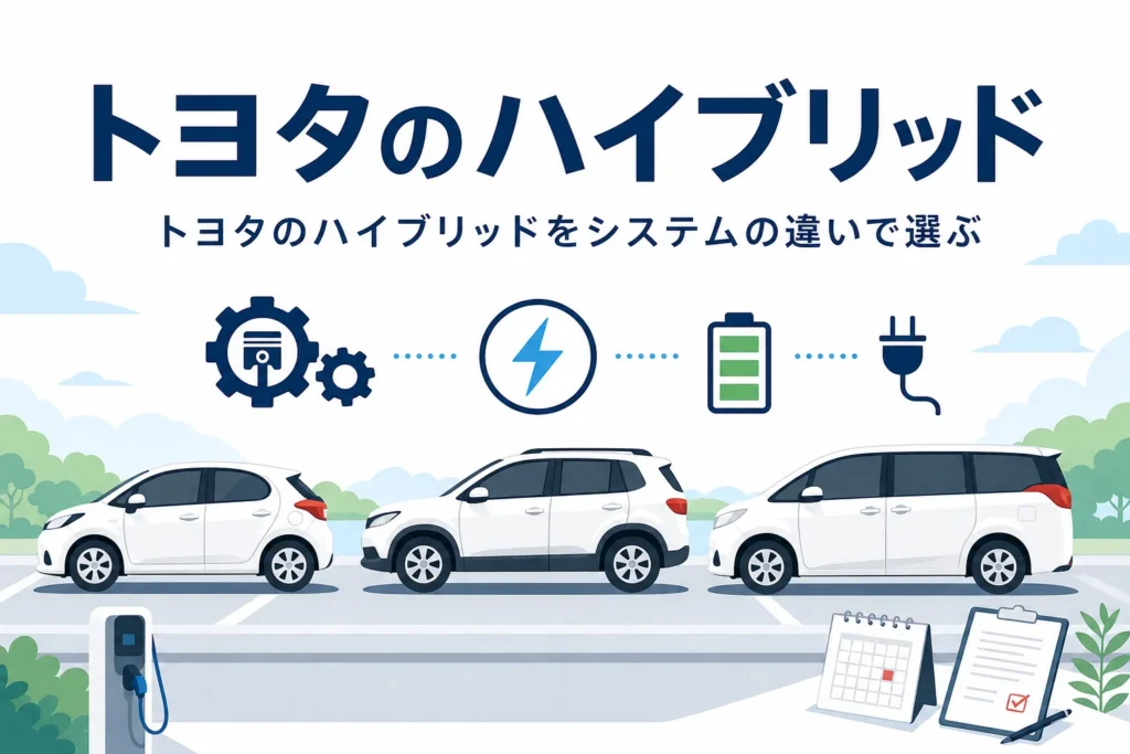 3台の乗用車のシルエットと、トヨタのハイブリッドをシステムの違いで選ぶ記事タイトル