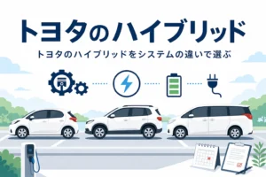 3台の乗用車のシルエットと、トヨタのハイブリッドをシステムの違いで選ぶ記事タイトル