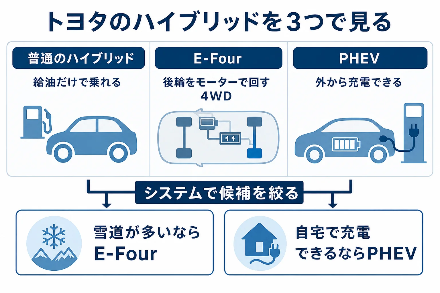 トヨタのハイブリッドを普通のハイブリッド・E-Four・PHEVの3つに分けて向いている人を示した図解