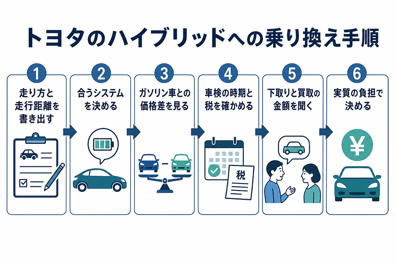 トヨタのハイブリッドに乗り換える時に、走り方からシステムを選び、今の車の相場を確かめて実質の負担で決めるまでの手順図