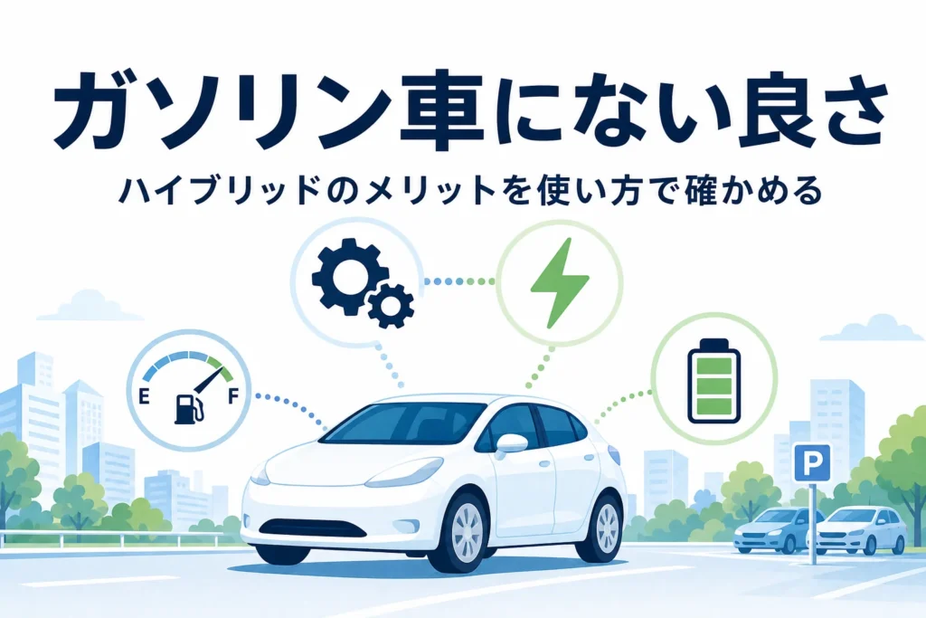 街を走るハイブリッド車のシルエットとエンジン・モーターのマーク、メリットを紹介する記事タイトル