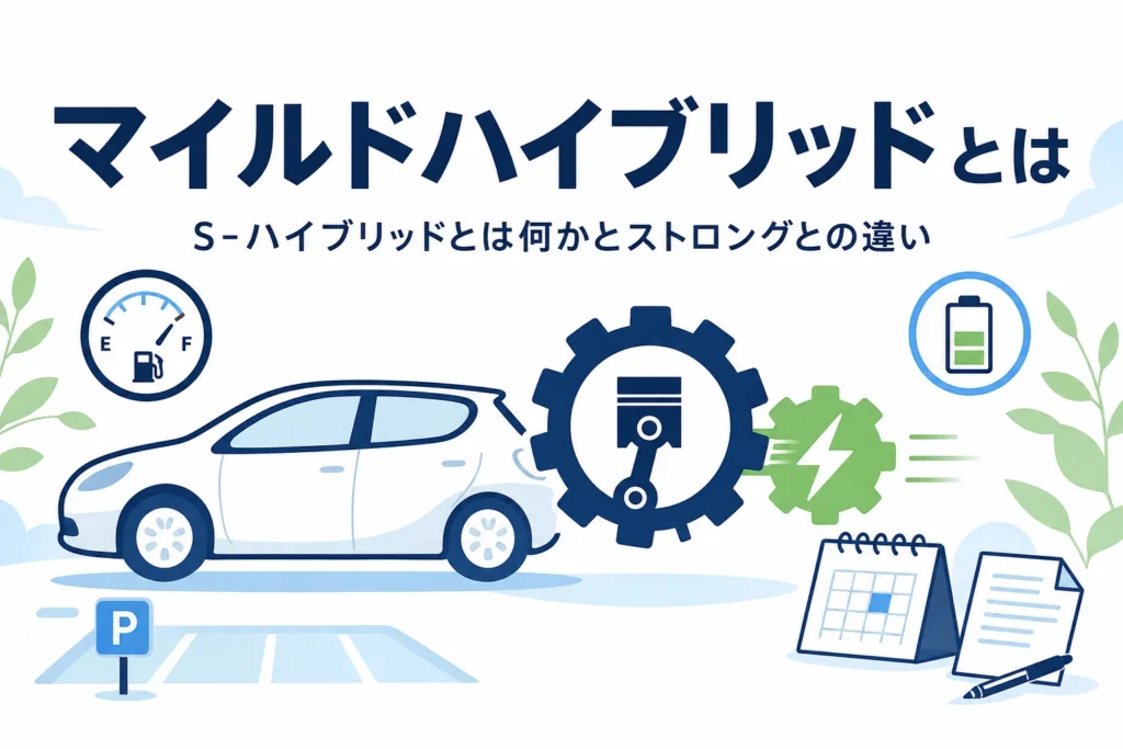エンジンの歯車を小さなモーターが手助けするイラストと、マイルドハイブリッドとは何かを紹介する記事タイトル