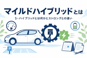 エンジンの歯車を小さなモーターが手助けするイラストと、マイルドハイブリッドとは何かを紹介する記事タイトル