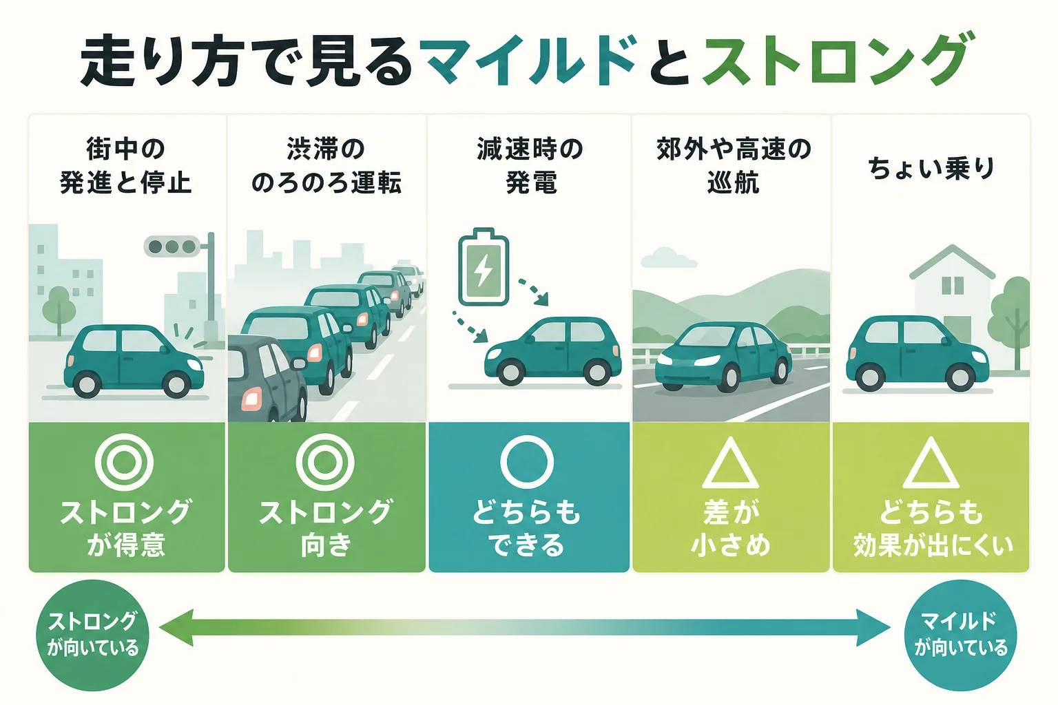 モーターだけで走れるかでマイルドとストロングを分け、効果が出やすい走り方を並べた図解