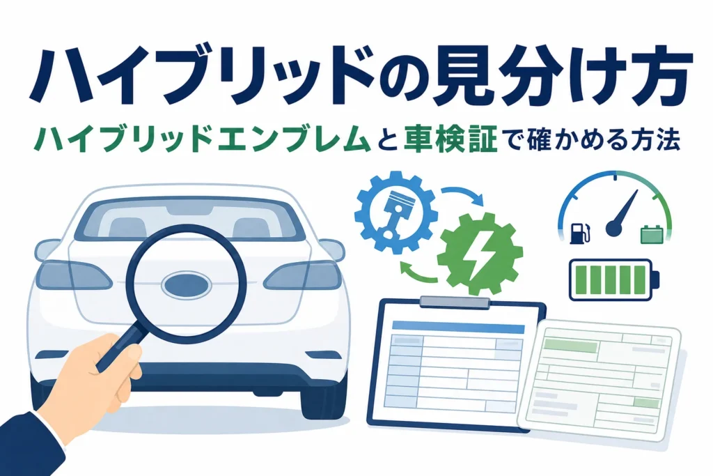 乗用車の後ろ姿を虫眼鏡でのぞく手元と「ハイブリッドの見分け方」の文字