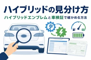 乗用車の後ろ姿を虫眼鏡でのぞく手元と「ハイブリッドの見分け方」の文字