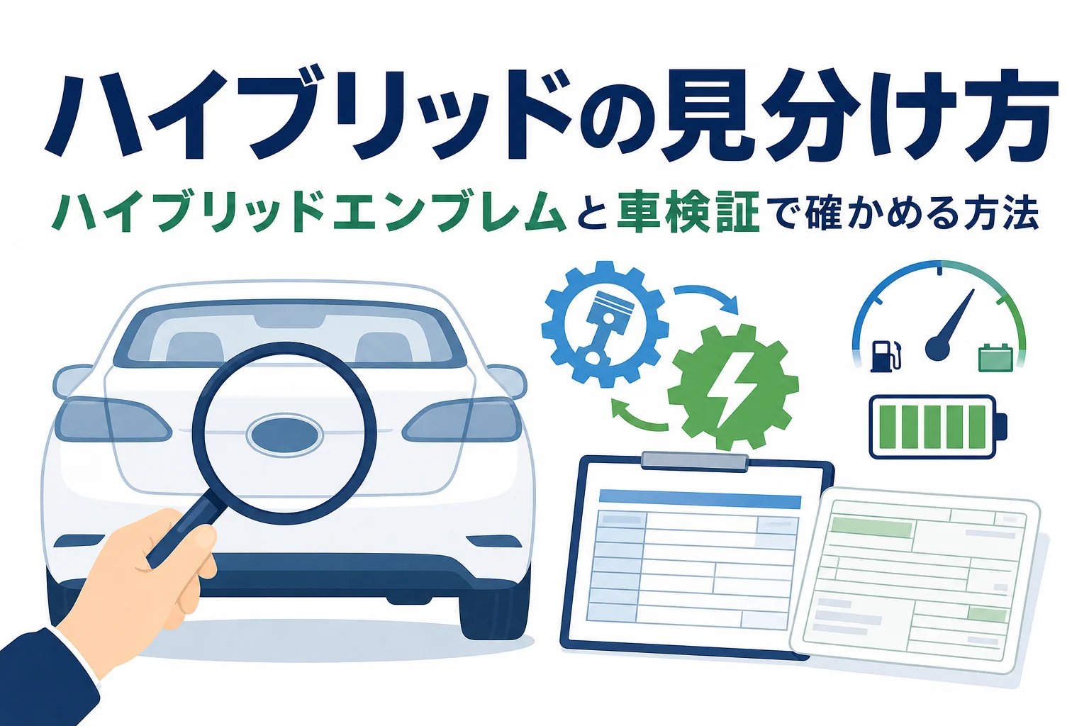 乗用車の後ろ姿を虫眼鏡でのぞく手元と「ハイブリッドの見分け方」の文字