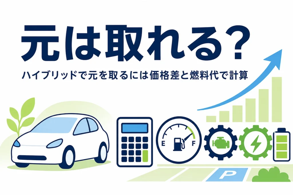 乗用車と電卓や燃料計のイラストと、ハイブリッドで元を取るには何キロ走ればいいかを計算する記事タイトル