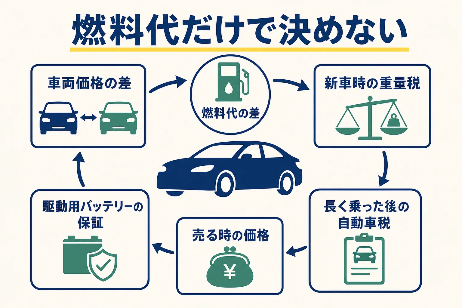 燃料代に加えて税金や売る時の価格まで入れて元が取れるかを考える表の図解