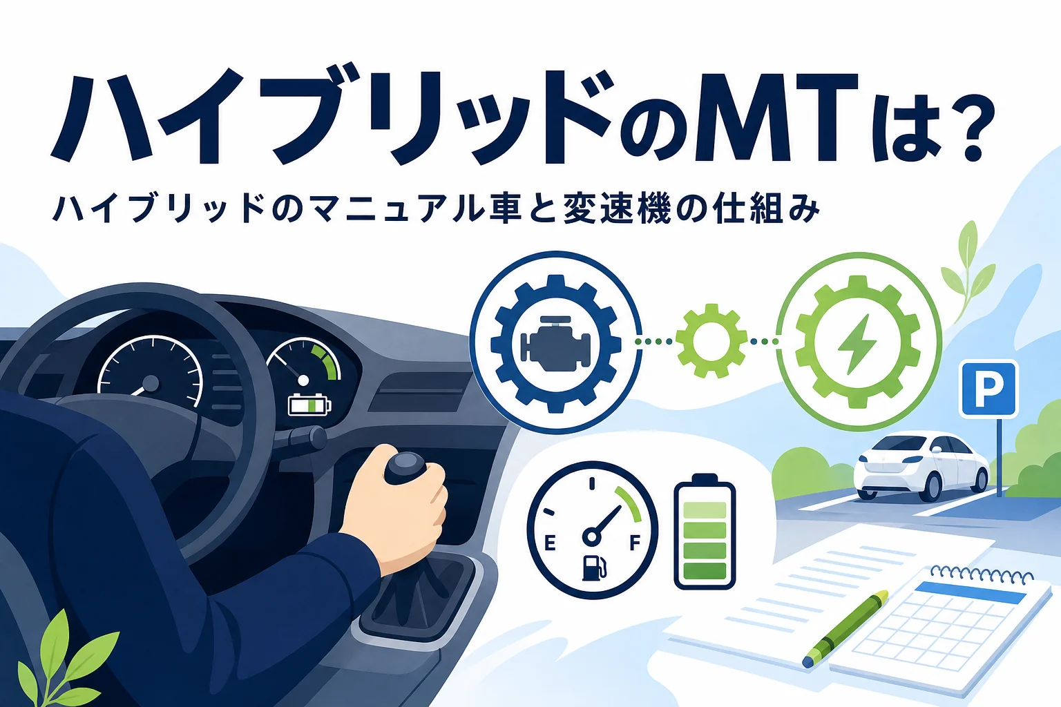 シフトレバーに添えた手元と歯車のマークを描いた、ハイブリッドのマニュアル車と変速機を解説する記事のアイキャッチ