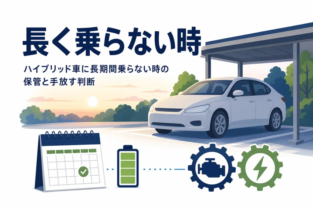 駐車場に置かれたハイブリッド車とカレンダー・電池マークのイラストと、長期間乗らない時の保管を紹介する記事タイトル