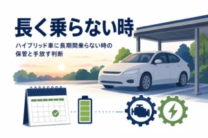 駐車場に置かれたハイブリッド車とカレンダー・電池マークのイラストと、長期間乗らない時の保管を紹介する記事タイトル