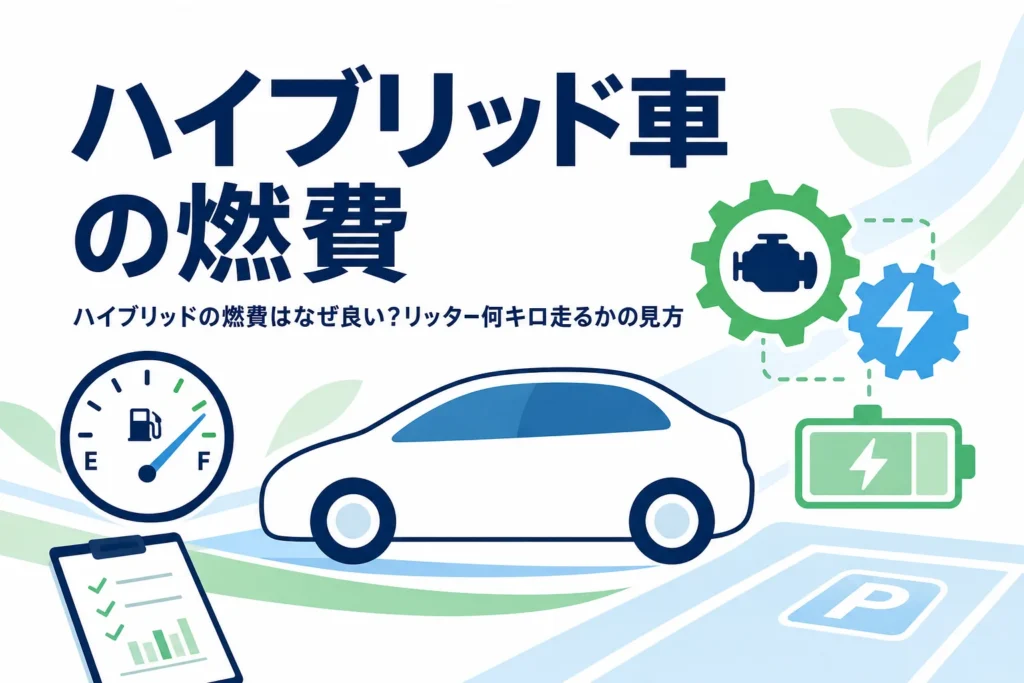 乗用車のシルエットと燃料計のアイコンに「ハイブリッド車の燃費」の文字