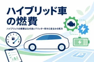 乗用車のシルエットと燃料計のアイコンに「ハイブリッド車の燃費」の文字