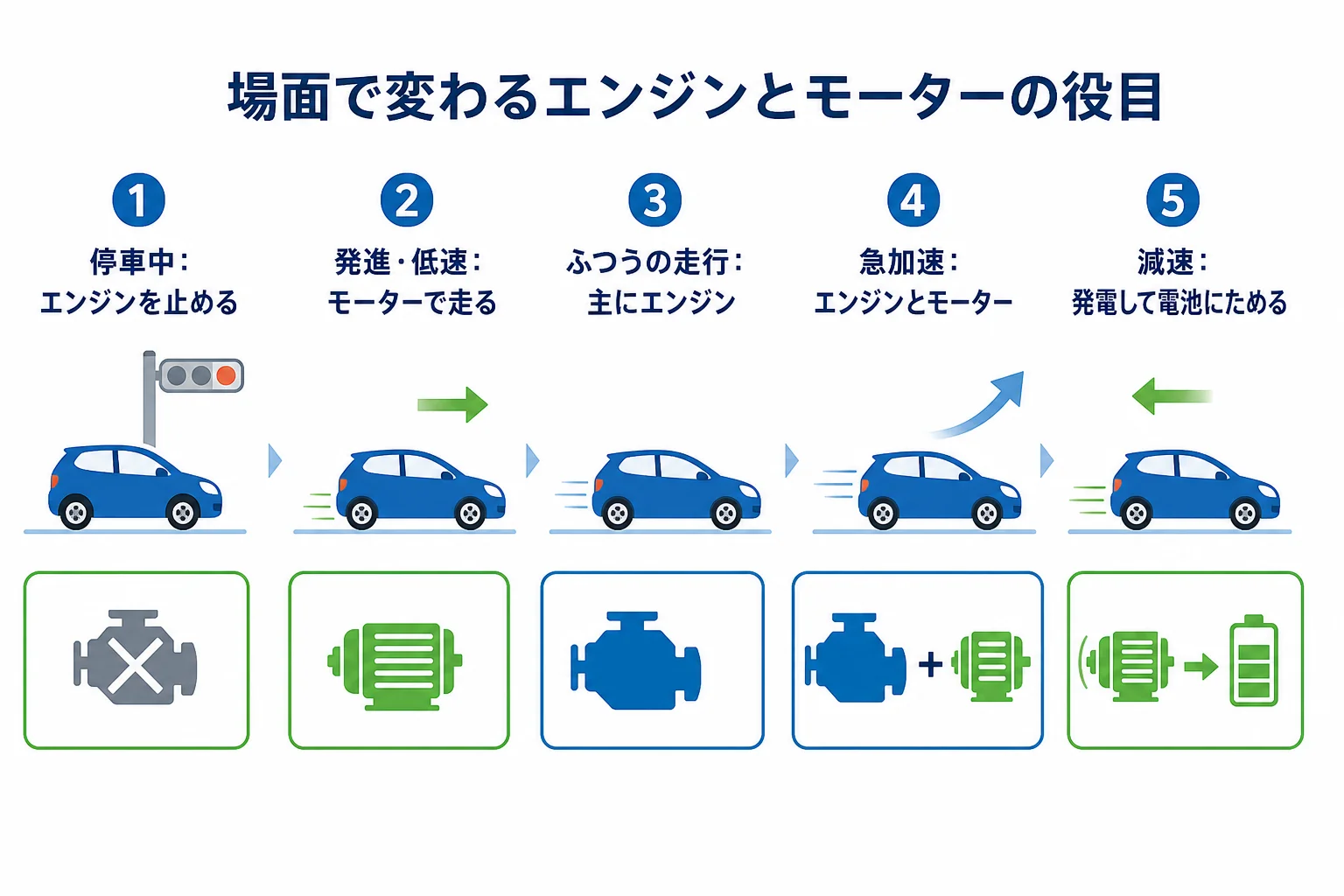 ハイブリッド車が停車・発進・減速の場面ごとにエンジンとモーターを使い分ける様子をまとめた図解