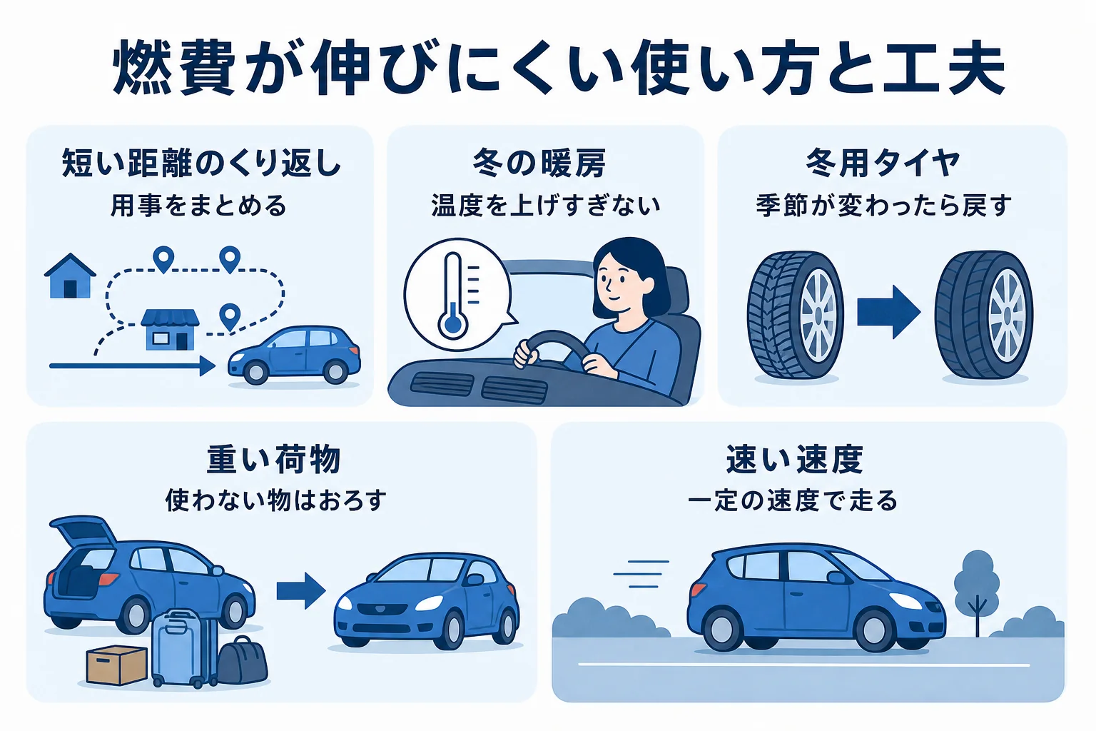 ハイブリッド車の燃費が伸びにくい使い方と、その時にできる工夫を並べた図解