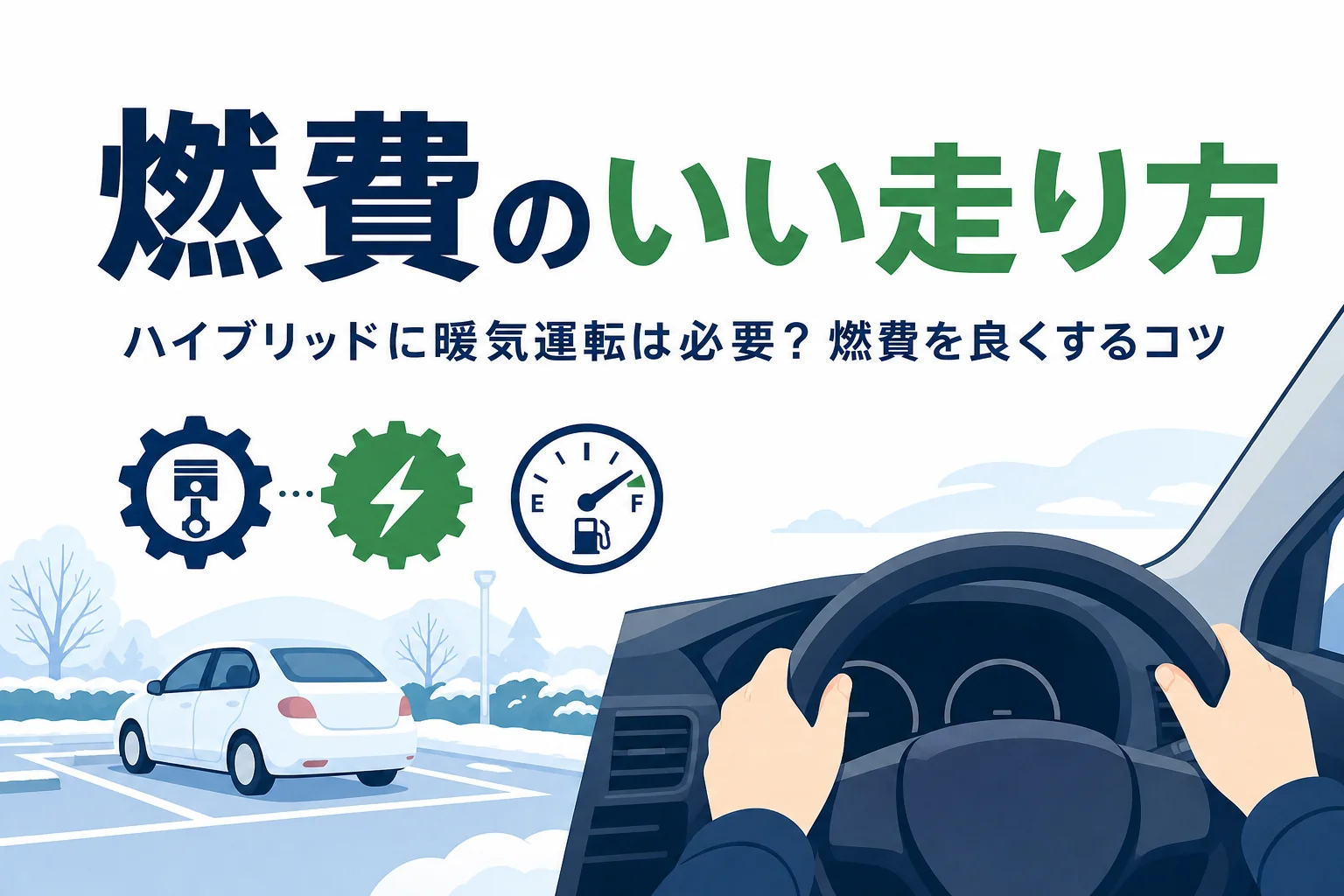 冬の朝の乗用車と燃料計のアイコンに「燃費のいい走り方」の文字