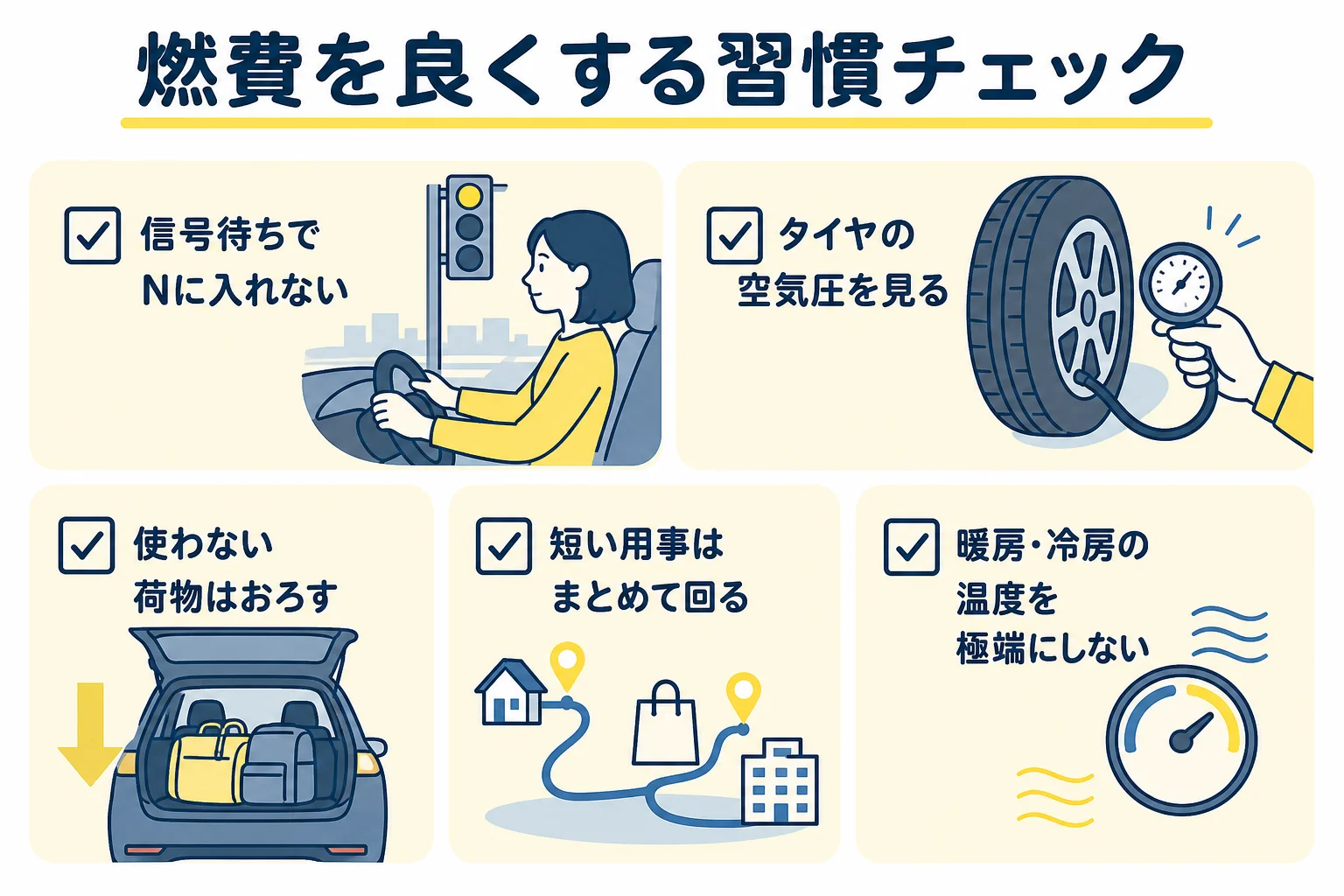ハイブリッド車の燃費を下げやすい習慣と見直し方を並べたチェックリストの図解