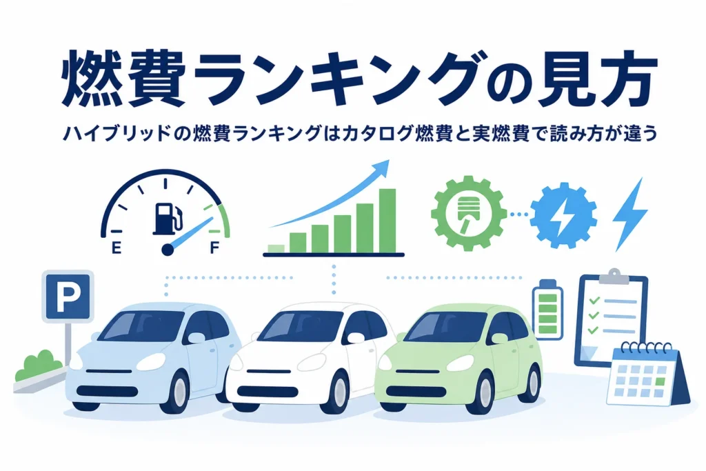 並んだ乗用車のシルエットと燃料計に「燃費ランキングの見方」の文字