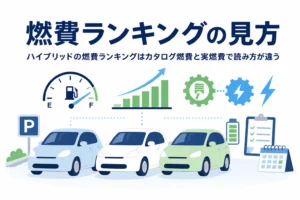 並んだ乗用車のシルエットと燃料計に「燃費ランキングの見方」の文字