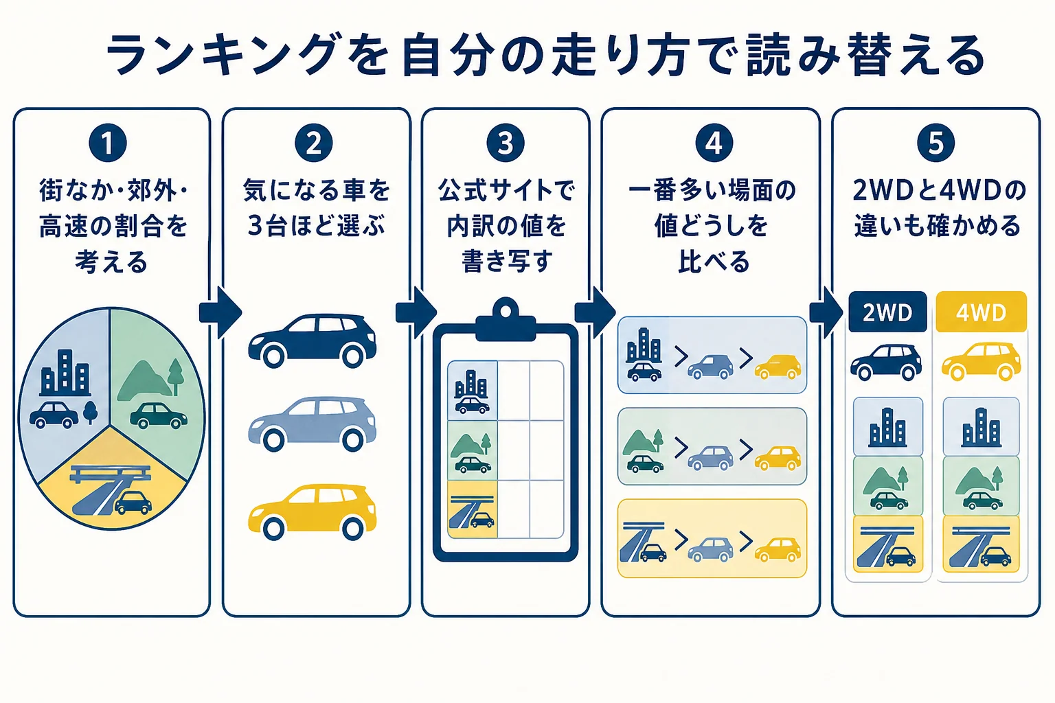 燃費ランキングの数字をWLTCの市街地・郊外・高速道路の内訳で読み替える手順をまとめた図解