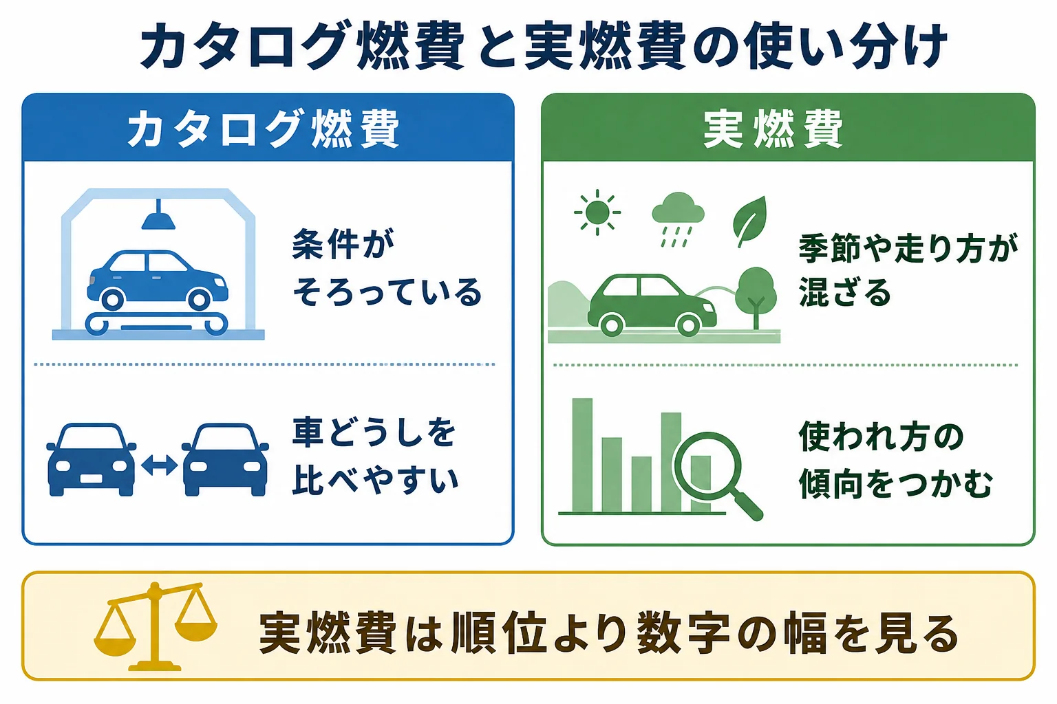カタログ燃費と実燃費の違いと、それぞれの使い道を左右に分けて比べた図解