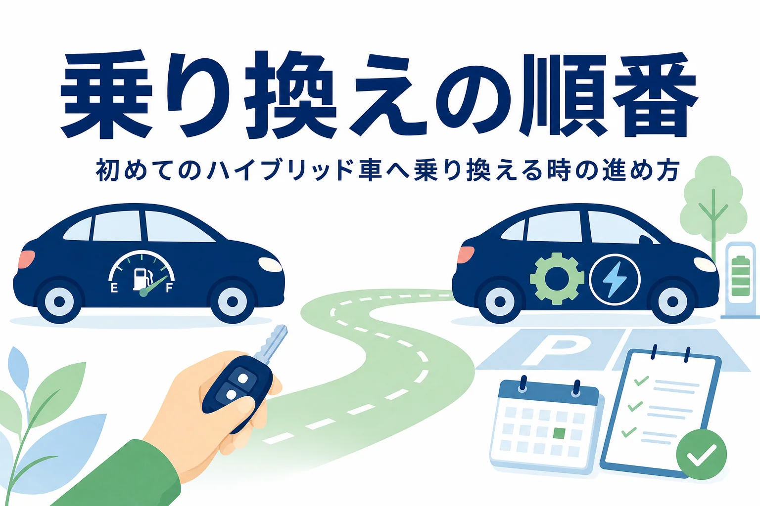 ガソリン車からハイブリッド車へ乗り換えるイメージのイラストと、乗り換えの順番を紹介する記事タイトル