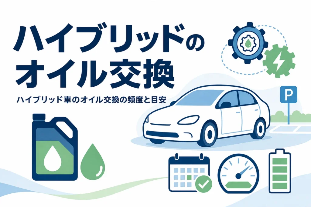乗用車のシルエットとオイル缶のマークに「ハイブリッドのオイル交換」の文字