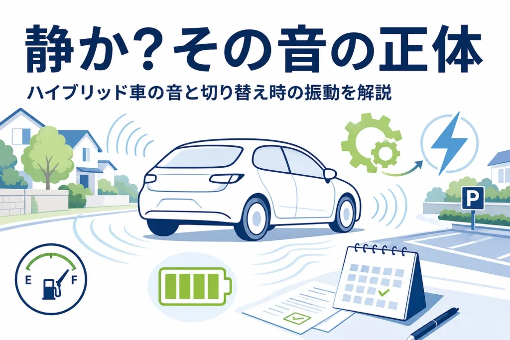 住宅街を静かに走る乗用車と音の波線を描いた、ハイブリッド車の音と振動を解説する記事のアイキャッチ