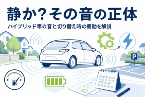 住宅街を静かに走る乗用車と音の波線を描いた、ハイブリッド車の音と振動を解説する記事のアイキャッチ