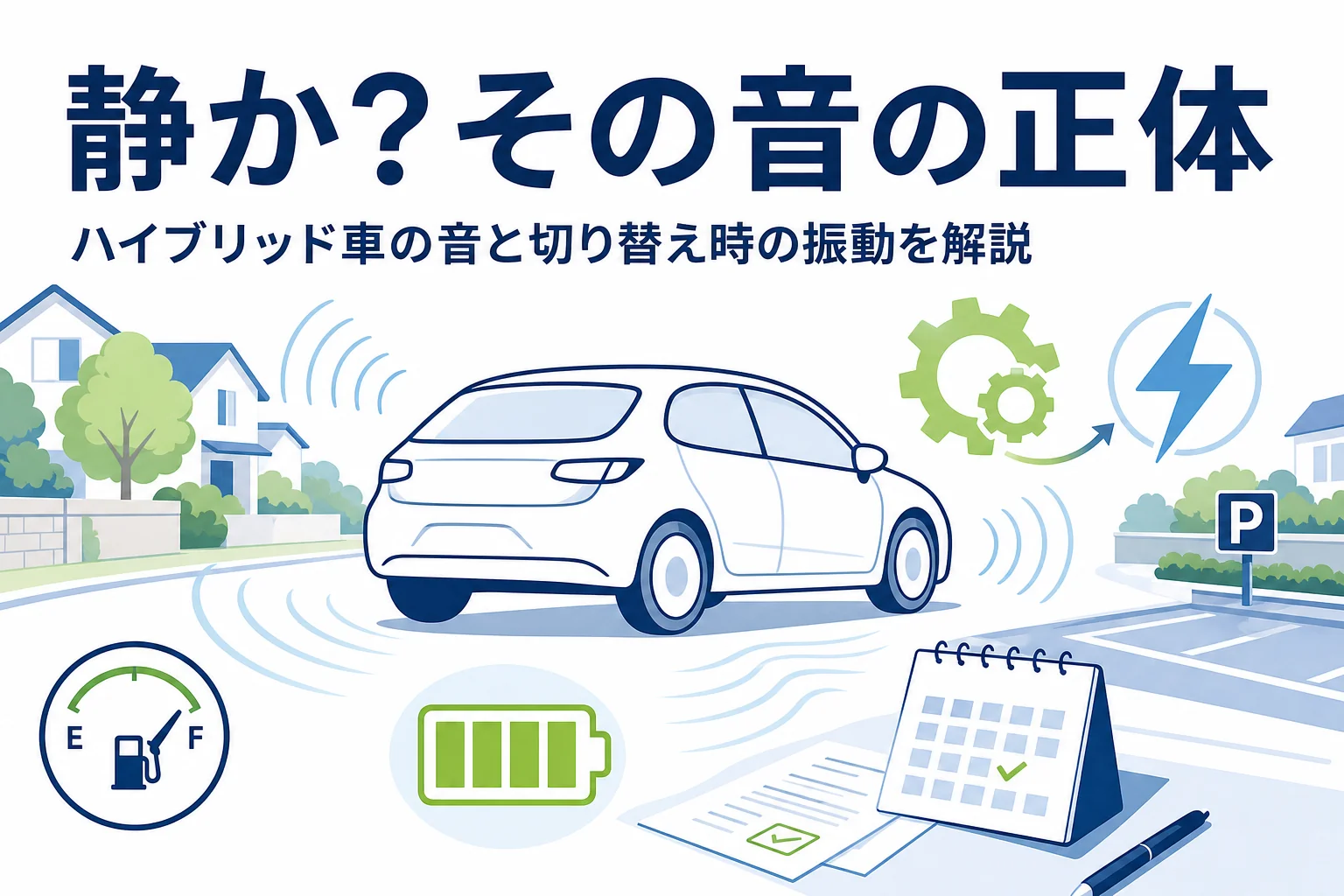 住宅街を静かに走る乗用車と音の波線を描いた、ハイブリッド車の音と振動を解説する記事のアイキャッチ