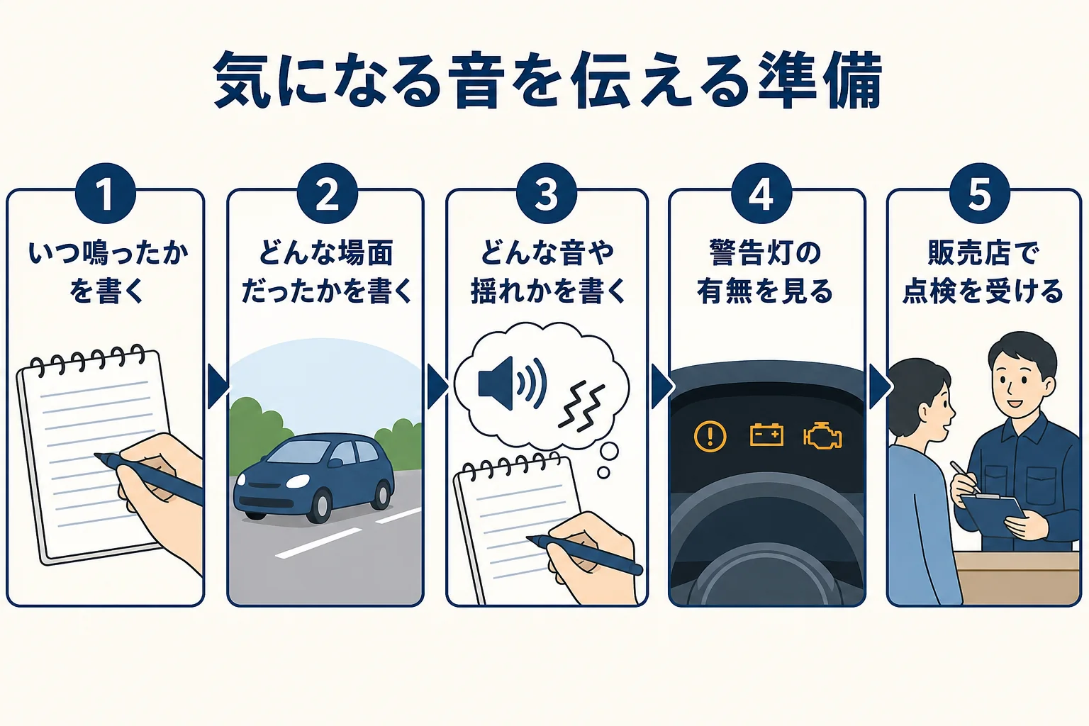 気になる音や振動を販売店に伝える前にメモしておきたいことを順番にまとめた図解