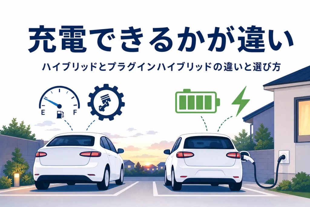 ハイブリッド車と充電ケーブルにつながったプラグインハイブリッド車を並べたイラストと、違いと選び方を紹介する記事タイトル