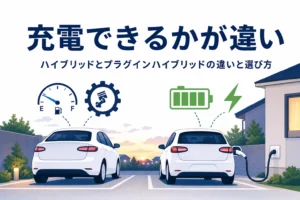 ハイブリッド車と充電ケーブルにつながったプラグインハイブリッド車を並べたイラストと、違いと選び方を紹介する記事タイトル