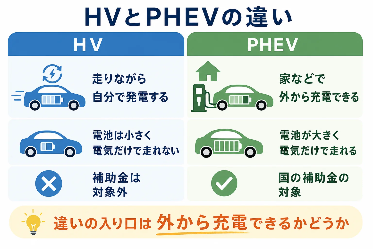 ハイブリッドとプラグインハイブリッドの違いを充電・電池・燃料・補助金の4つで比べた図解