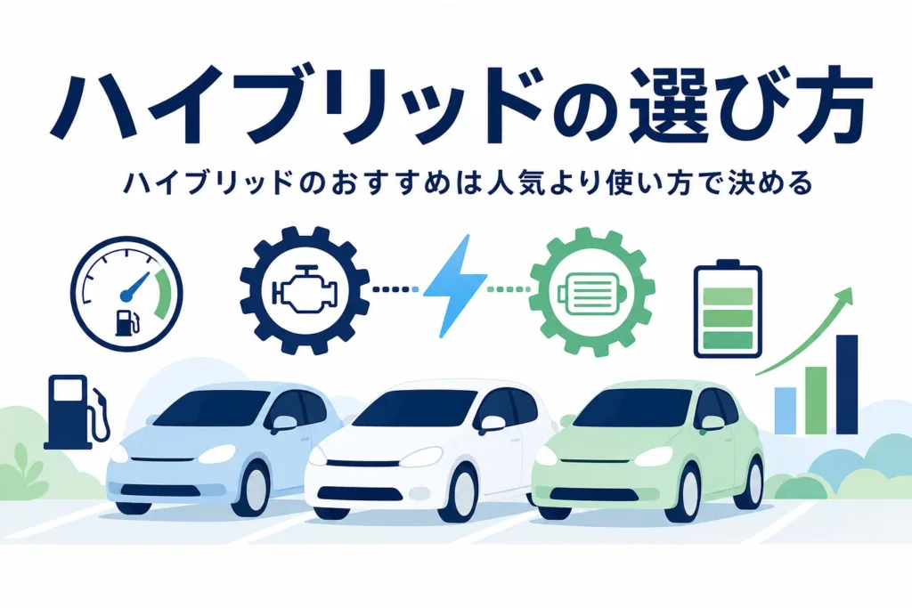 並んだハイブリッド車のシルエットと棒グラフで、ハイブリッドのおすすめの選び方を表したアイキャッチ
