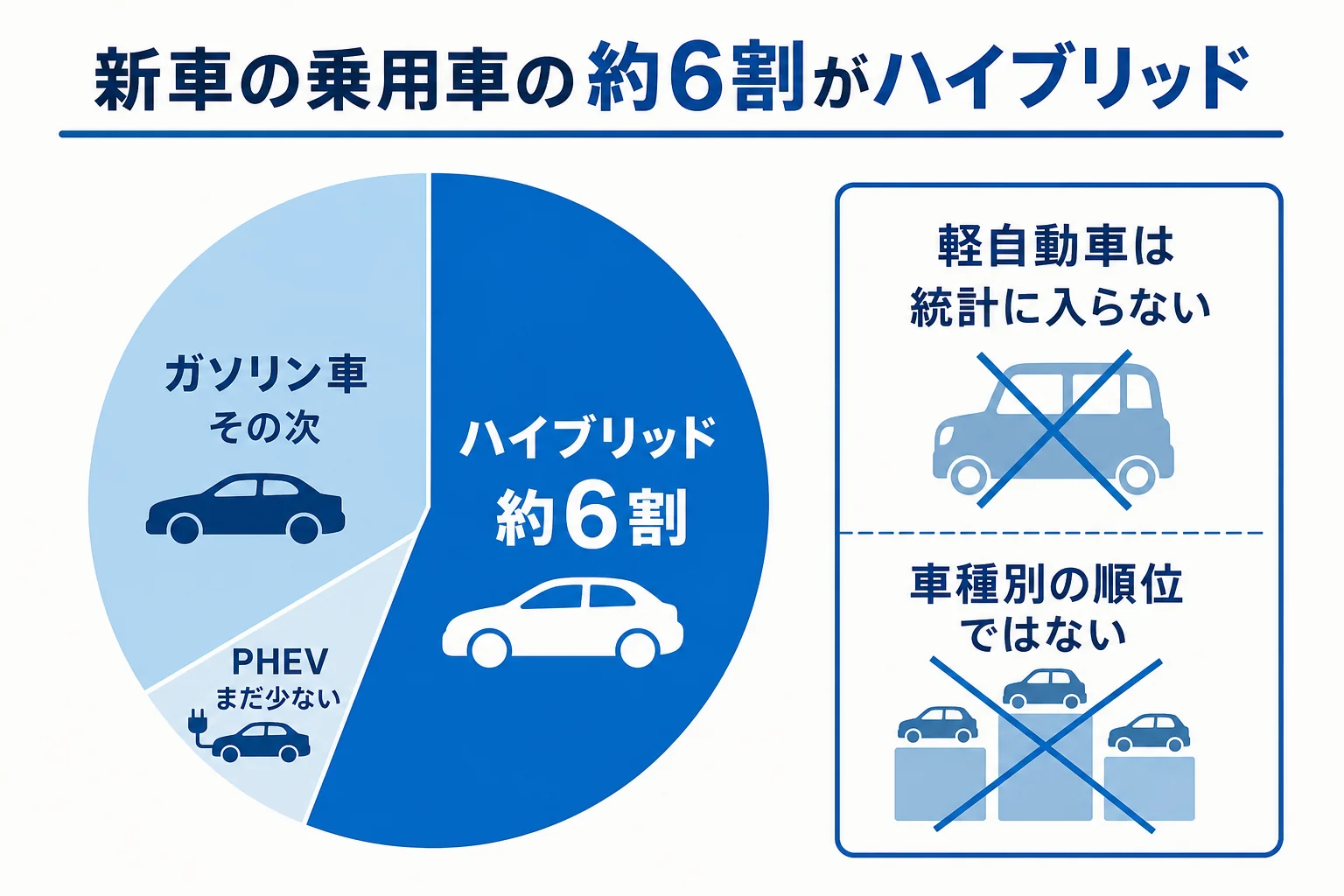 自販連の燃料別統計でハイブリッドが乗用車の約6割を占めることを示す図解