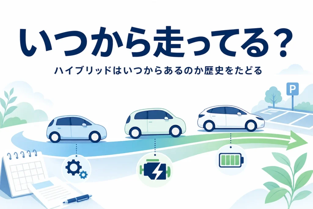 時間の道に並ぶ乗用車のシルエットと、ハイブリッド車の歴史を紹介する記事タイトル