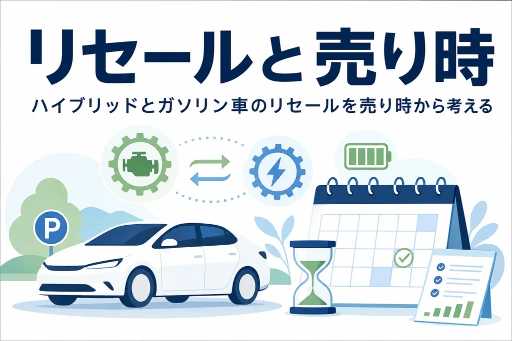 ハイブリッド車のシルエットとカレンダー・電池マークのイラストと、リセールと売り時を紹介する記事タイトル