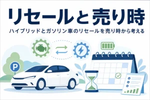 ハイブリッド車のシルエットとカレンダー・電池マークのイラストと、リセールと売り時を紹介する記事タイトル