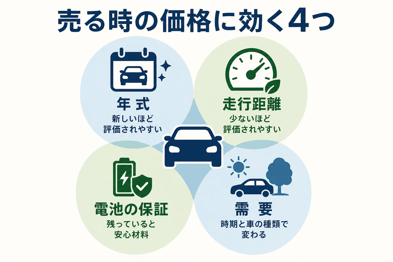 ハイブリッド車を売る時の価格に効く年式・走行距離・電池の保証・需要の4つの要素を並べた図解