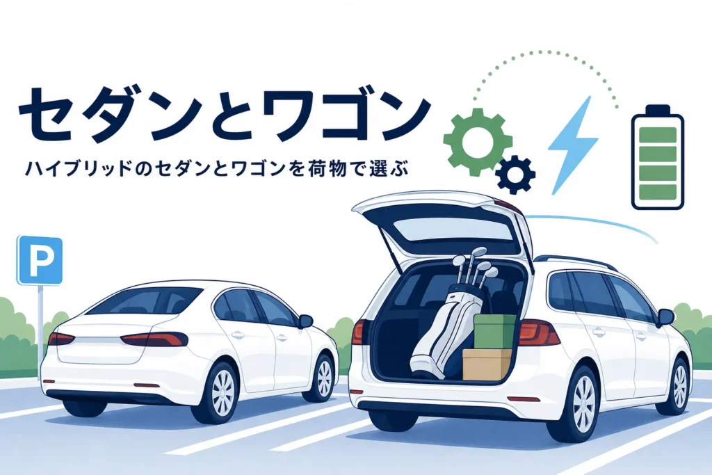 駐車場に並んだセダンとステーションワゴンのシルエットとエンジン・モーターのマーク、ハイブリッドのセダンとワゴンの選び方を紹介する記事タイトル
