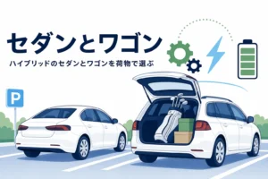 駐車場に並んだセダンとステーションワゴンのシルエットとエンジン・モーターのマーク、ハイブリッドのセダンとワゴンの選び方を紹介する記事タイトル