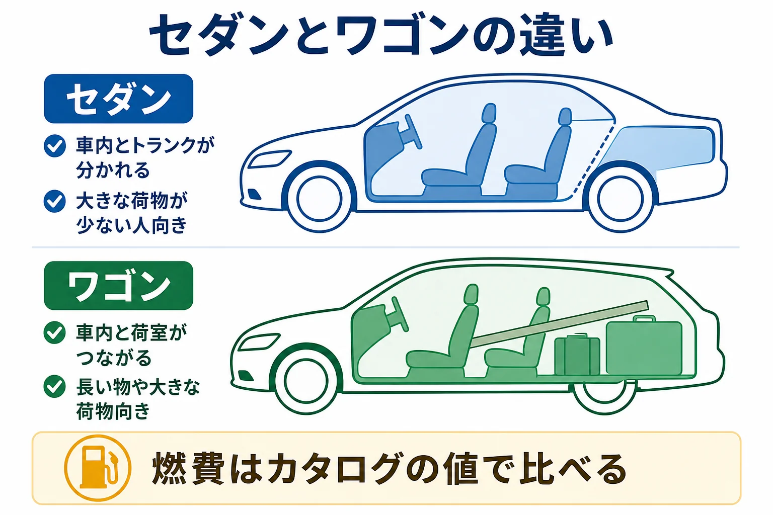 ハイブリッドのセダンとステーションワゴンを荷物・乗り心地・燃費で比べた図解