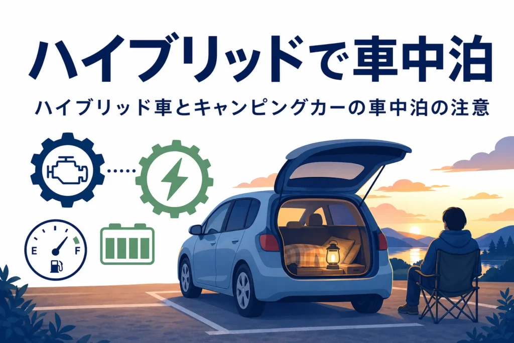 夕暮れの駐車スペースに停めた乗用車と毛布に「ハイブリッドで車中泊」の文字