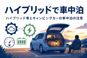 夕暮れの駐車スペースに停めた乗用車と毛布に「ハイブリッドで車中泊」の文字