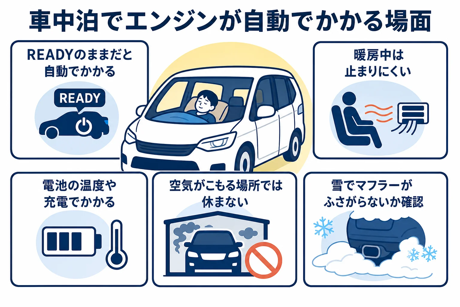 車中泊でハイブリッド車のエンジンが自動でかかる場面と安全のチェックをまとめた図解