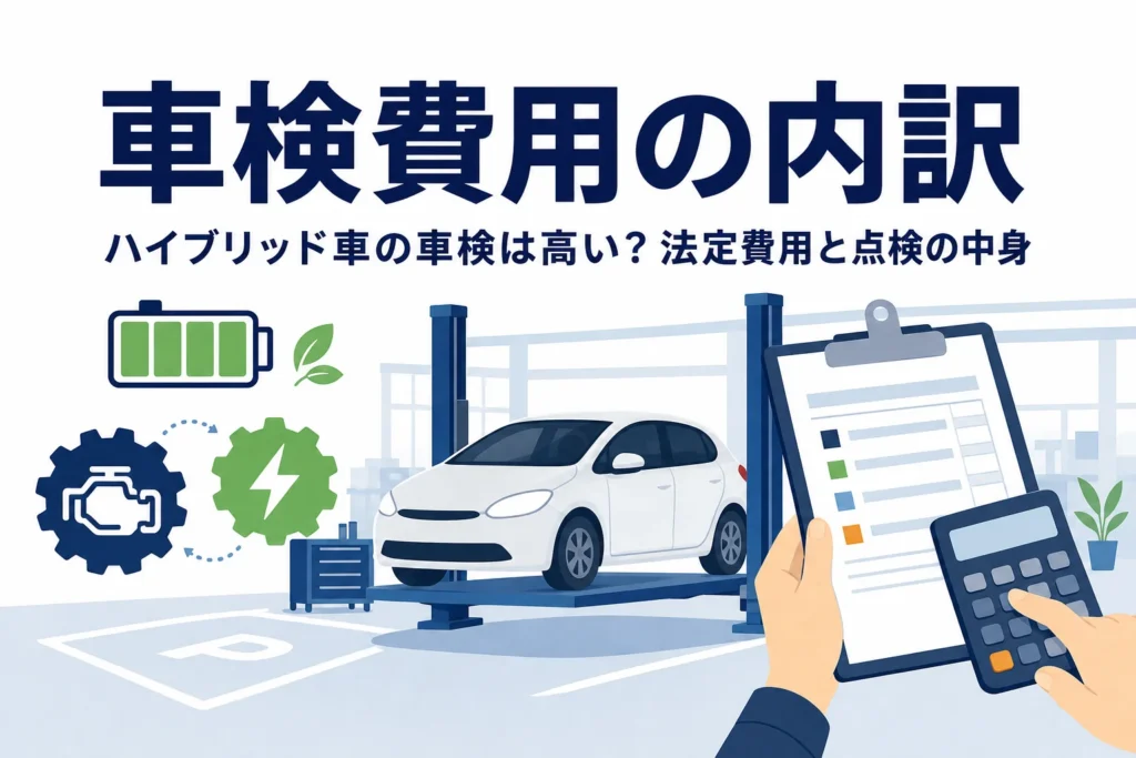 整備工場の乗用車のシルエットと見積書・電卓を持つ手元が並び、ハイブリッド車の車検費用を解説する記事タイトル